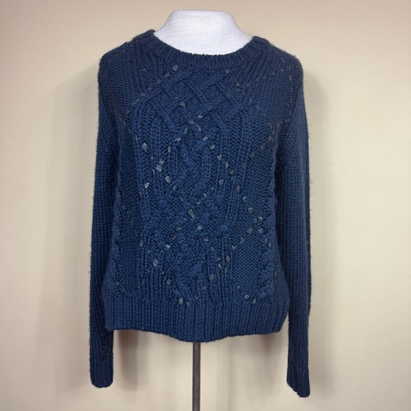 Parker Betsey Woven Leather Crewneck Cable Knit Sweater in Navy Blue Size Medium - Picture 2 of 9